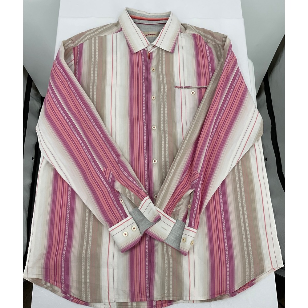 Tommy‎ Bahama XL Silk Blend Shirt Men's Pink Beige Stripe Long Sleeve